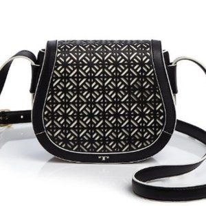 Tory Burch Fret-T Cross Body Leather Saddle Bag